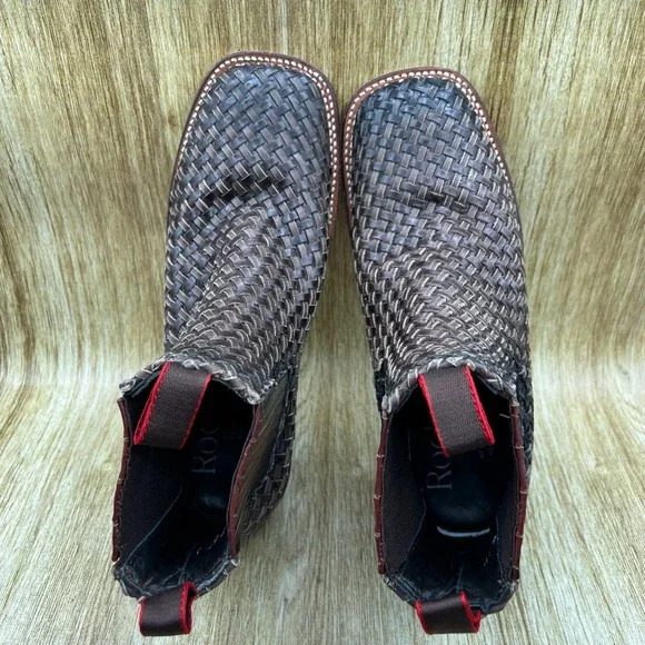 Rock'em Woven Leather Western Chelsea Boots Men's Size 8 Brown Square Toe Shoes